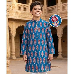 Pine Kids Cotton Woven Full Sleeves Kurta With Floral Print - Blue