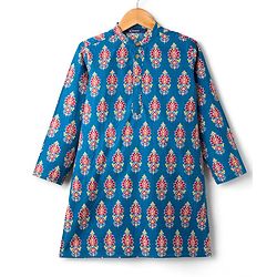 Pine Kids Cotton Woven Full Sleeves Kurta With Floral Print - Blue