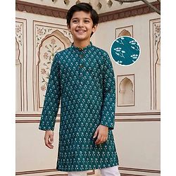 Pine Kids Cotton Woven Full Sleeves Kurta With Floral Print - Navy Blue