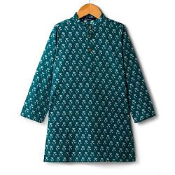 Pine Kids Cotton Woven Full Sleeves Kurta With Floral Print - Navy Blue