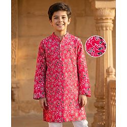 Pine Kids Cotton Woven Full Sleeves Kurta With Floral Print - Red