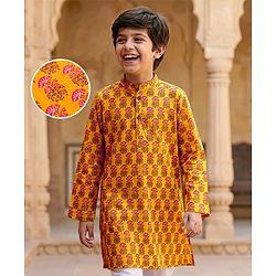 Pine Kids Cotton Woven Full Sleeves Kurta With Floral Print - Mustard