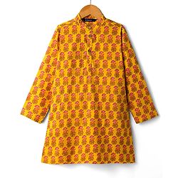 Pine Kids Cotton Woven Full Sleeves Kurta With Floral Print - Mustard