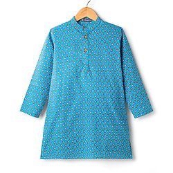Pine Kids Cotton Woven Full Sleeves Kurta with Floral Print - Light Blue