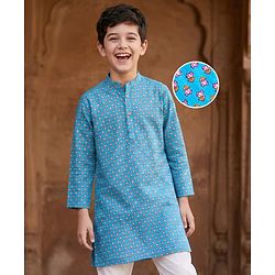 Pine Kids Cotton Woven Full Sleeves Kurta with Floral Print - Light Blue
