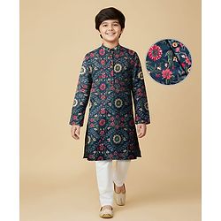 Pine Kids Cotton Woven Full Sleeves Kurta Pajama Set with Floral Print - Navy Blue