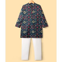 Pine Kids Cotton Woven Full Sleeves Kurta Pajama Set with Floral Print - Navy Blue