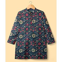 Pine Kids Cotton Woven Full Sleeves Kurta Pajama Set with Floral Print - Navy Blue