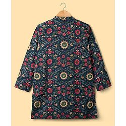 Pine Kids Cotton Woven Full Sleeves Kurta Pajama Set with Floral Print - Navy Blue