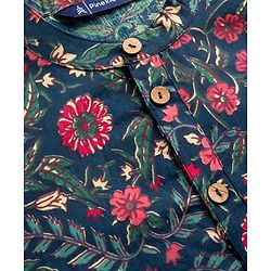Pine Kids Cotton Woven Full Sleeves Kurta Pajama Set with Floral Print - Navy Blue