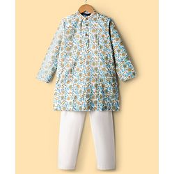 Pine Kids Cotton Woven Full Sleeves Kurta Pajama Set With Floral Print - White