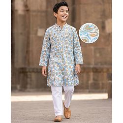 Pine Kids Cotton Woven Full Sleeves Kurta Pajama Set With Floral Print - White