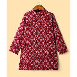 Pine Kids Cotton Woven Full Sleeves Kurta Pajama Set With Floral Print - Maroon