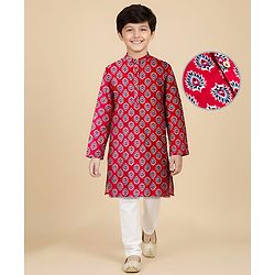 Pine Kids Cotton Woven Full Sleeves Kurta Pajama Set With Floral Print - Maroon