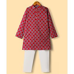 Pine Kids Cotton Woven Full Sleeves Kurta Pajama Set With Floral Print - Maroon
