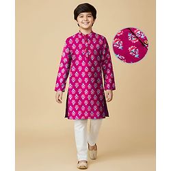 Pine Kids Cotton Woven Full Sleeves Kurta Pajama Set With Floral Print - Dark Red