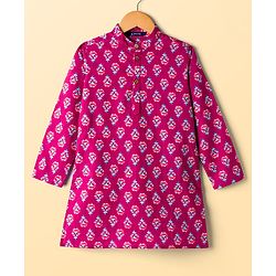 Pine Kids Cotton Woven Full Sleeves Kurta Pajama Set With Floral Print - Dark Red
