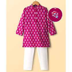 Pine Kids Cotton Woven Full Sleeves Kurta Pajama Set With Floral Print - Dark Red