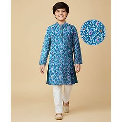 Pine Kids Cotton Woven Full Sleeves Kurta Pajama Set With Floral Print - Blue