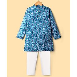 Pine Kids Cotton Woven Full Sleeves Kurta Pajama Set With Floral Print - Blue