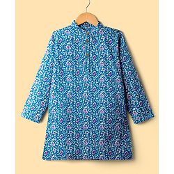 Pine Kids Cotton Woven Full Sleeves Kurta Pajama Set With Floral Print - Blue