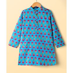 Pine Kids Cotton Woven Full Sleeves Kurta Pyjama Set with Floral Print - Blue