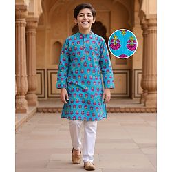 Pine Kids Cotton Woven Full Sleeves Kurta Pyjama Set with Floral Print - Blue