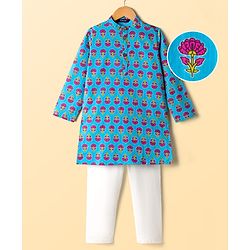 Pine Kids Cotton Woven Full Sleeves Kurta Pyjama Set with Floral Print - Blue