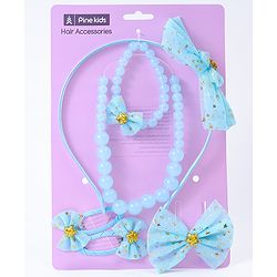 Pine Kids Hair Accessories Combo Set With Bow Applique Free Size Pack of 6 - Aqua Blue