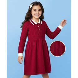 Pine Kids Knit Full Sleeves Collared Woollen Dress with Cable Knit Design - Dark Red