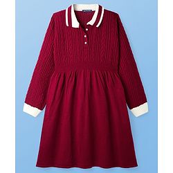 Pine Kids Knit Full Sleeves Collared Woollen Dress with Cable Knit Design - Dark Red
