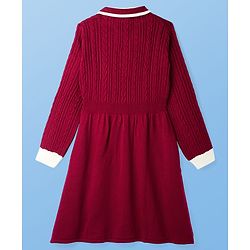 Pine Kids Knit Full Sleeves Collared Woollen Dress with Cable Knit Design - Dark Red