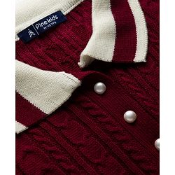 Pine Kids Knit Full Sleeves Collared Woollen Dress with Cable Knit Design - Dark Red