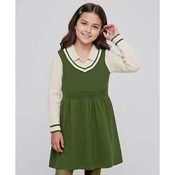 Pine Kids Knitted Full Sleeves Solid Woollen Dress - Olive Green