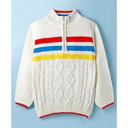 Pine Kids Knitted Full Sleeves Pullover Sweater With Cable Knit Design - White