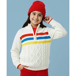 Pine Kids Knitted Full Sleeves Pullover Sweater With Cable Knit Design - White