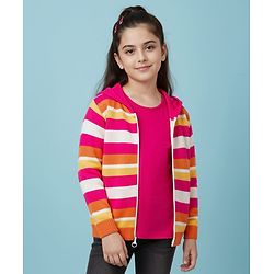 Pine Kids Knit Full Sleeves Hooded Front Open Sweater with Vest & Stripes - Multicolor