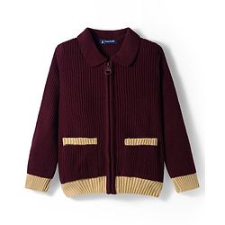 Pine Kids Knitted Full Sleeves Solid Front Open Sweater - Wine