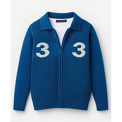 Pine Kids Knit Full Sleeves Front Open Sweater With Inner Tee & Number Print - Blue