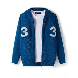 Pine Kids Knit Full Sleeves Front Open Sweater With Inner Tee & Number Print - Blue