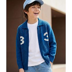 Pine Kids Knit Full Sleeves Front Open Sweater With Inner Tee & Number Print - Blue