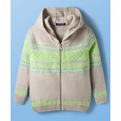 Pine Kids Knit Full Sleeves Front Open Hooded Sweatshirt with Aztec Design - Beige