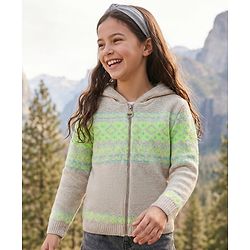 Pine Kids Knit Full Sleeves Front Open Hooded Sweatshirt with Aztec Design - Beige