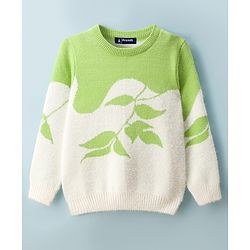 Pine Kids Knit Full Sleeves Pullover Sweater with Tropical Theme Print - Light Green & White