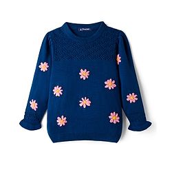 Pine Kids Knit Full Sleeves Pullover Sweater with Floral Embroidery - Navy Blue