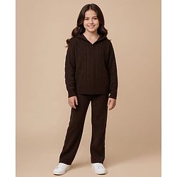 Pine Kids Knit Full Sleeves Hooded Sweater Set With Cable Knit Design - Brown