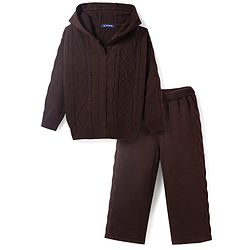Pine Kids Knit Full Sleeves Hooded Sweater Set With Cable Knit Design - Brown