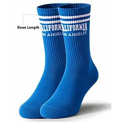 Pine Active Cotton Lycra Knit Terry Breathable Knee Length Football Socks with Text Design - Blue