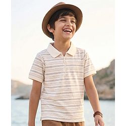 Pine Kids Cotton Knit Half Sleeves Polo T-Shirt with Stripes - White