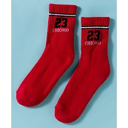 Pine Active Cotton Lycra Knit Terry Breathable Calf Length Athletic Socks with Text Design Pack of 2 - Red & White